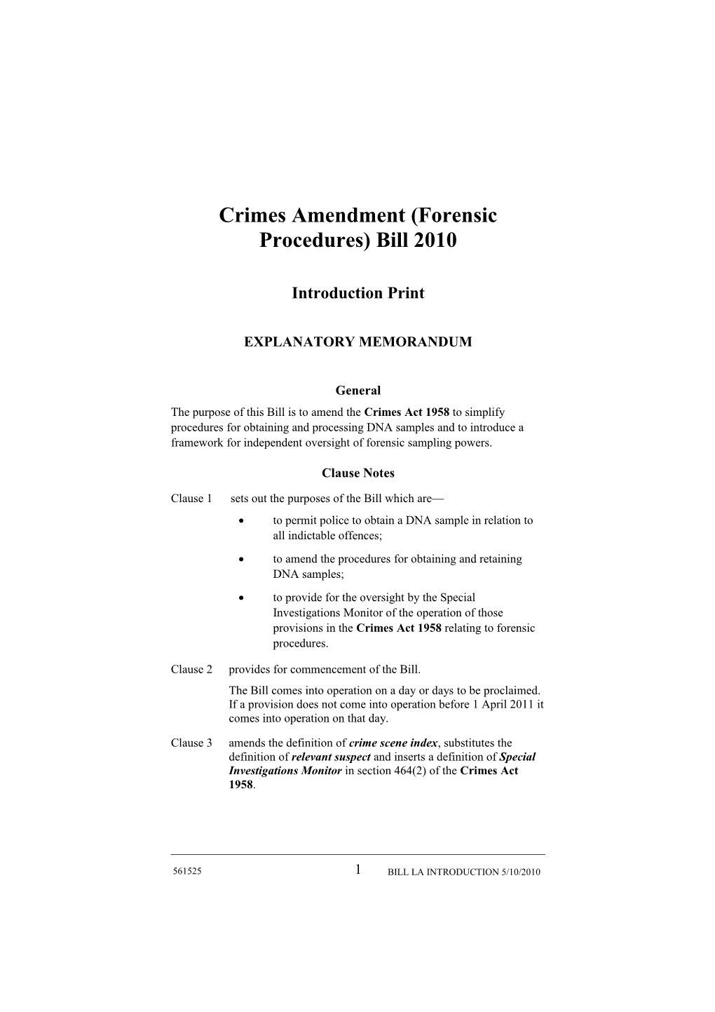 Crimes Amendment (Forensic Procedures) Bill 2010
