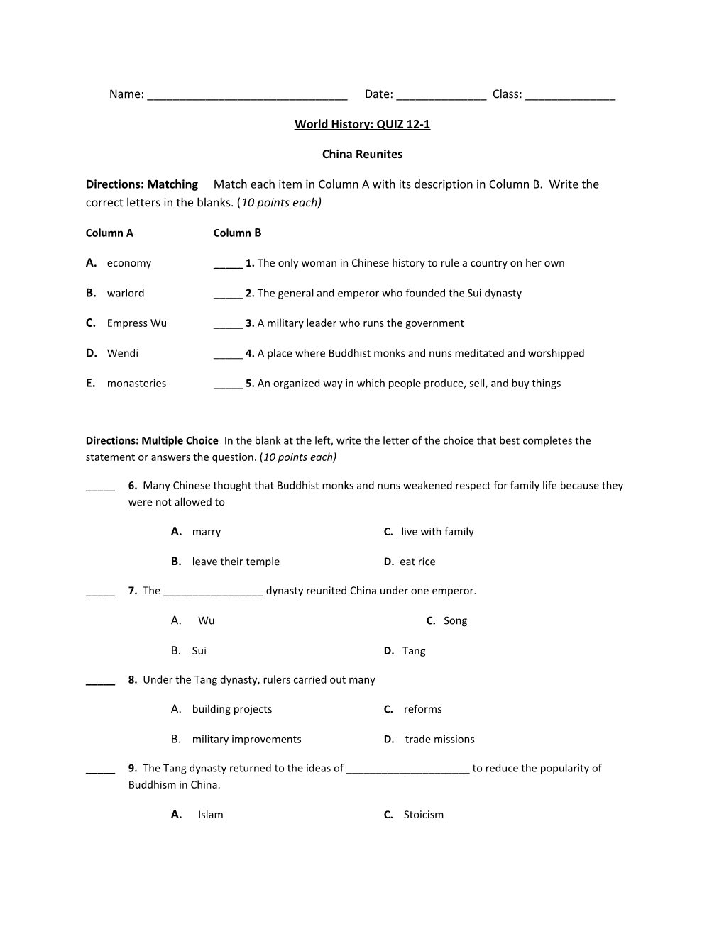 World History: QUIZ 12-1