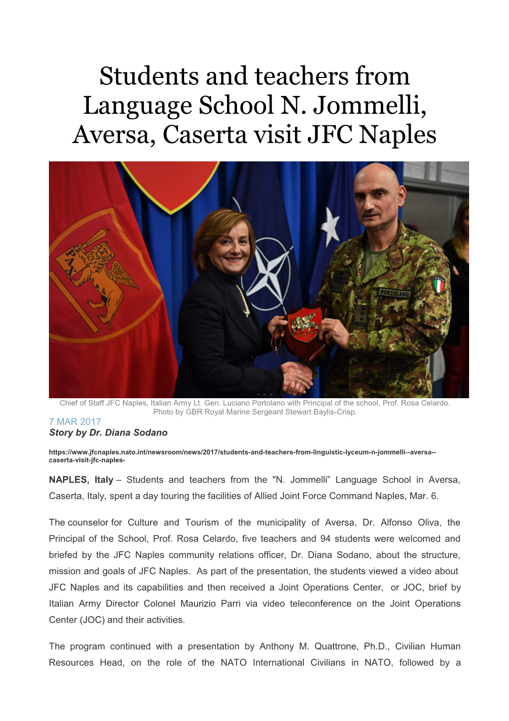 Students and Teachers from Language School N. Jommelli, Aversa, Caserta Visit JFC Naples