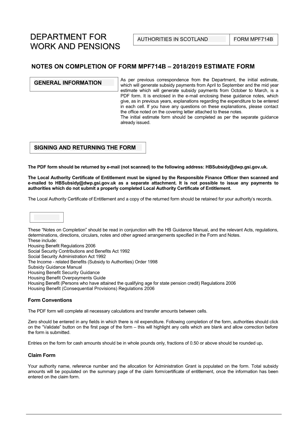 2018/19 Housing Benefit Subsidy Initial Estimate Guidance Notes for Scotland