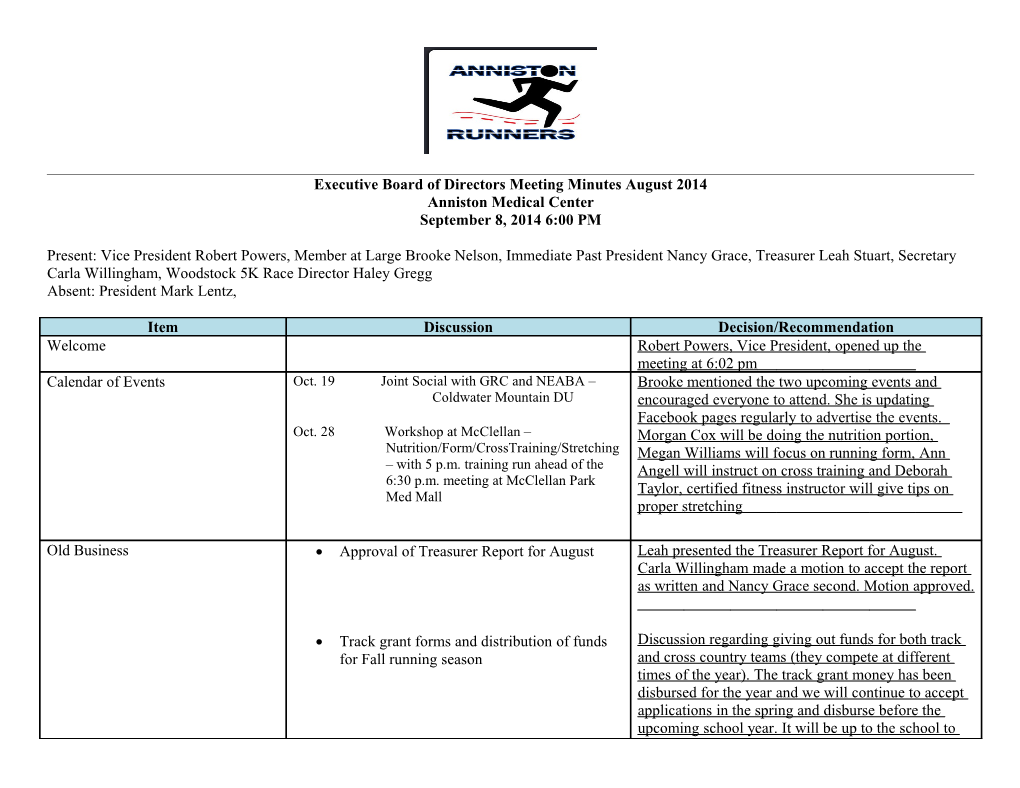 Executive Board of Directors Meeting Minutes August 2014 Anniston Medical Center September