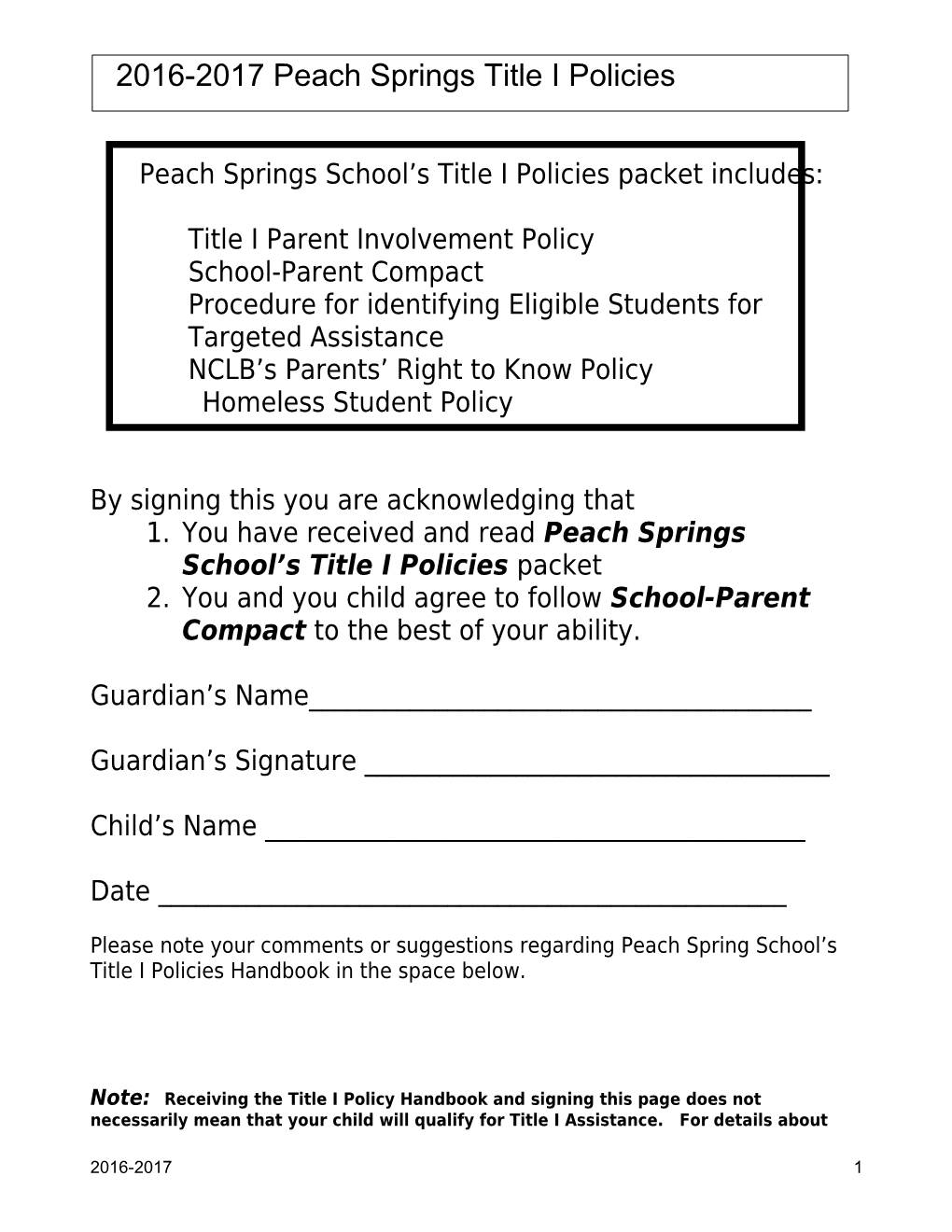 Peach Springs School S Title I Policies Packet Includes