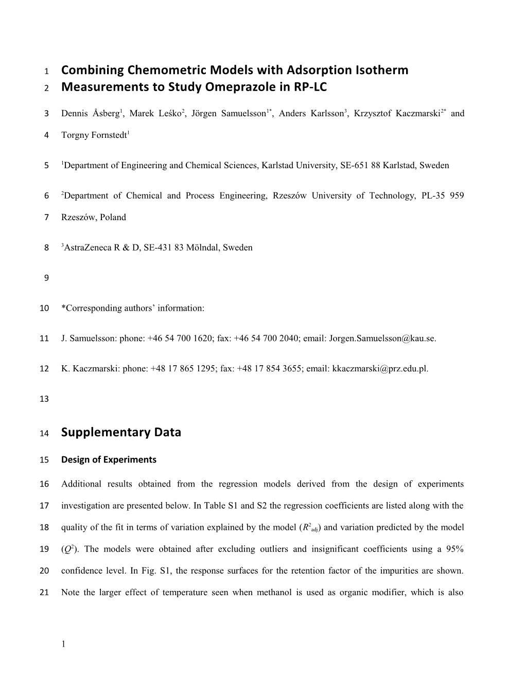 Combining Chemometric Models with Adsorption Isotherm Measurements to Study Omeprazole