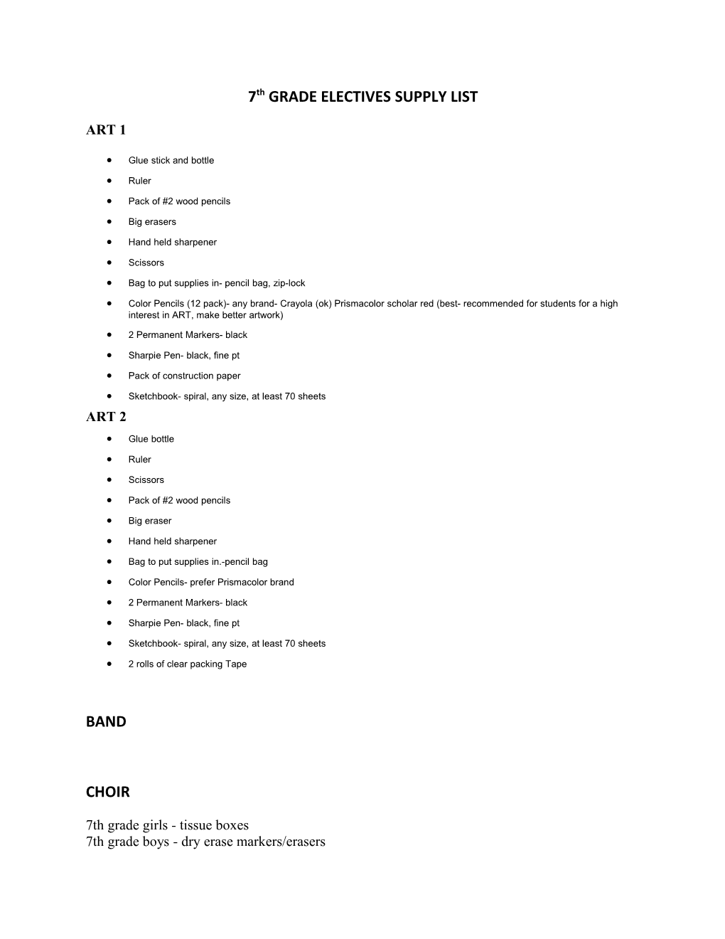 7Th GRADE ELECTIVES SUPPLY LIST