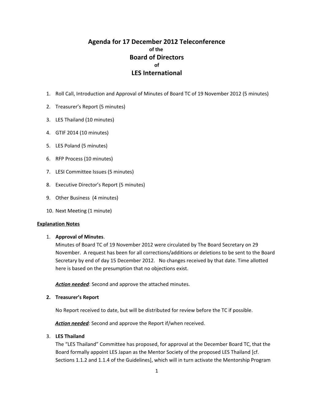 Agenda for 17 December 2012 Teleconference