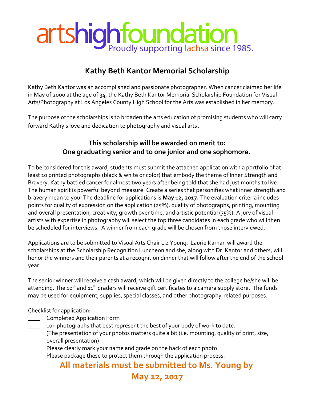 Kathy Beth Kantor Memorial Scholarship