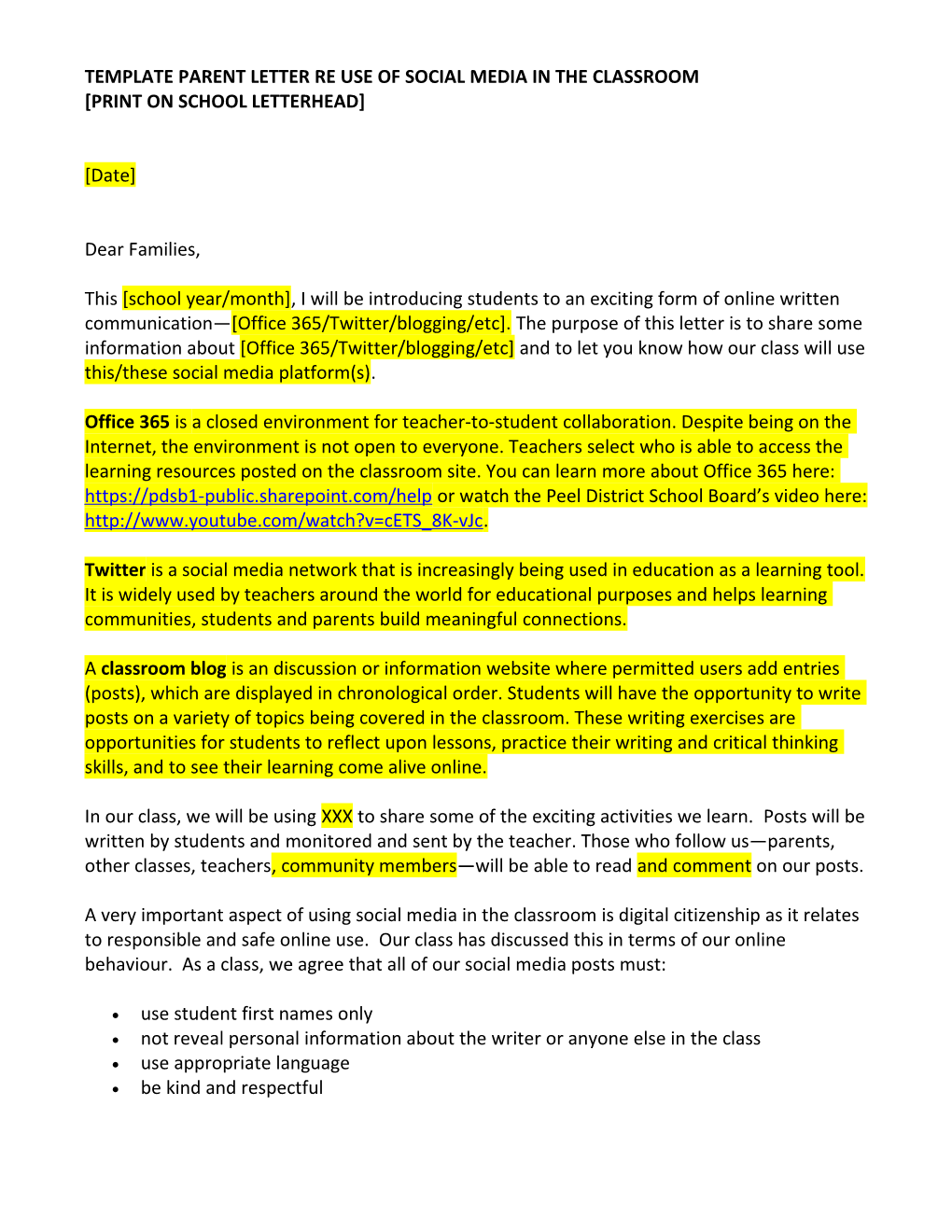 Template Parent Letter Re Use of Social Media in the Classroom