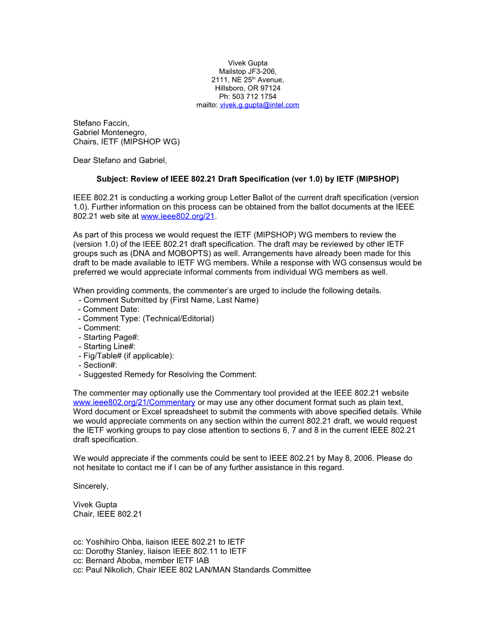Subject: Review of IEEE 802.21 Draft Specification (Ver 1.0) by IETF (MIPSHOP)