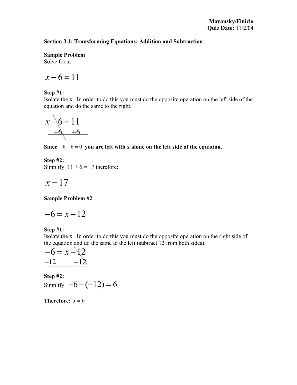 Section 3.1: Transforming Equations: Addition and Subtraction