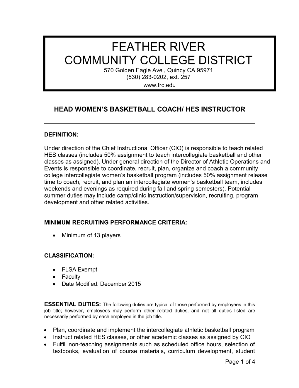 Head Women S Basketball Coach/ Hes Instructor