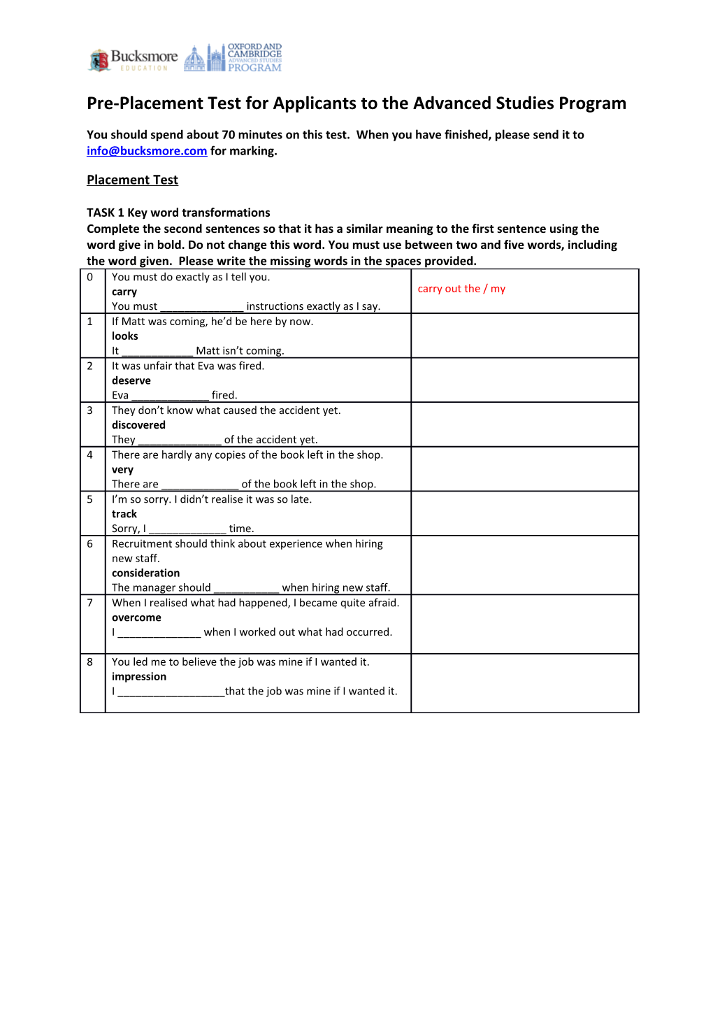 Pre-Placement Test for Applicants to the Advanced Studies Program