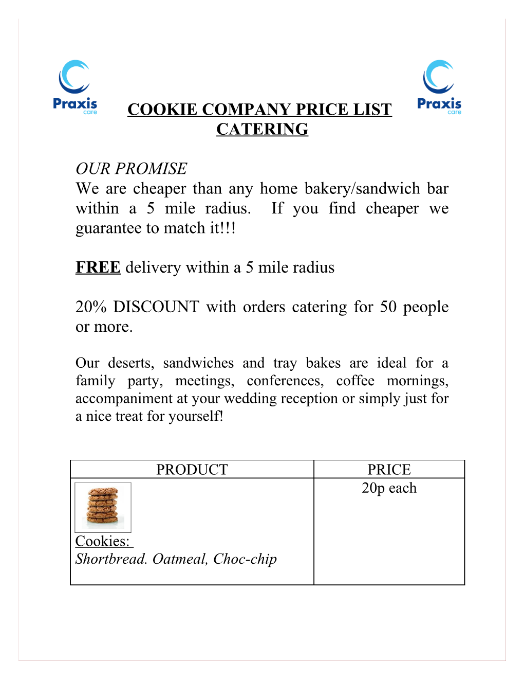 Cookie Company Price List