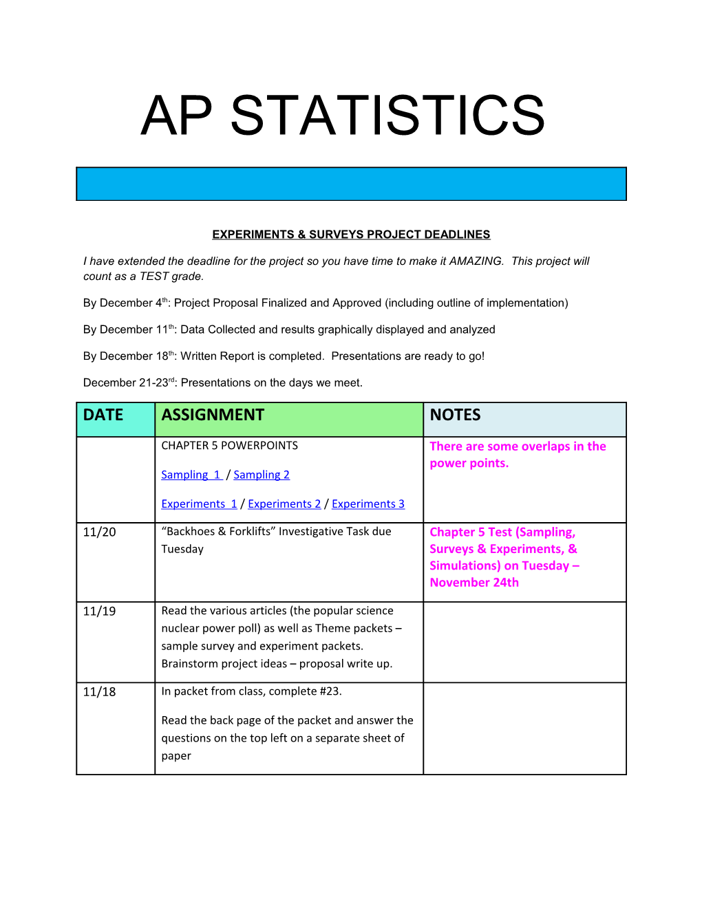 Experiments & Surveys Project Deadlines