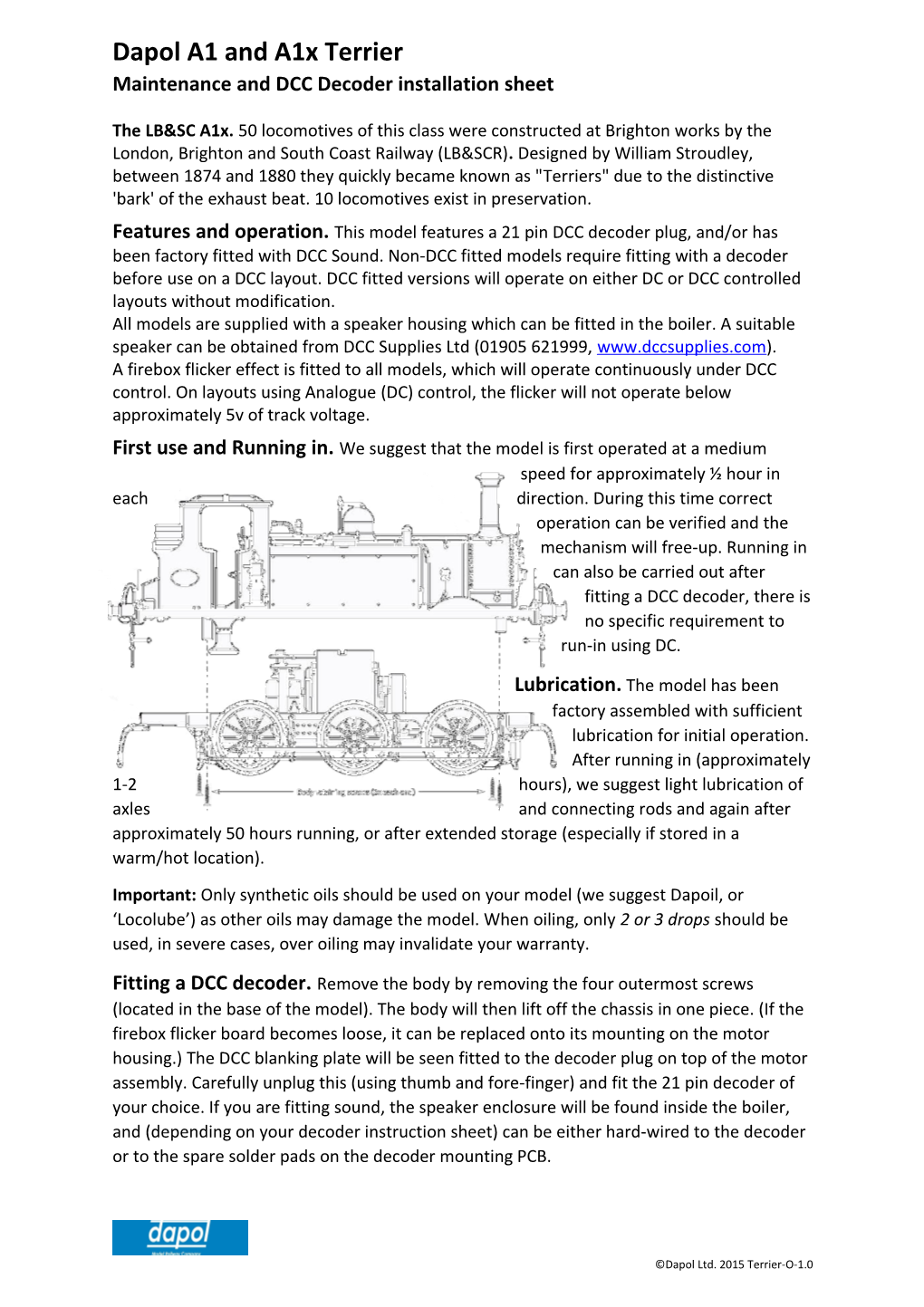Dapol A1 and A1x Terrier Maintenance and DCC Decoder Installation Sheet
