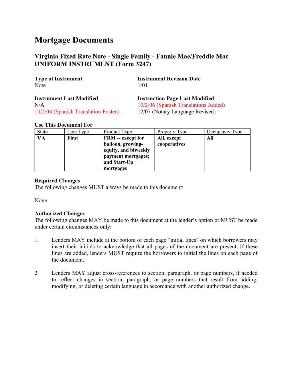 Instruction: Virginia Fixed Rate Note (Form 3247)