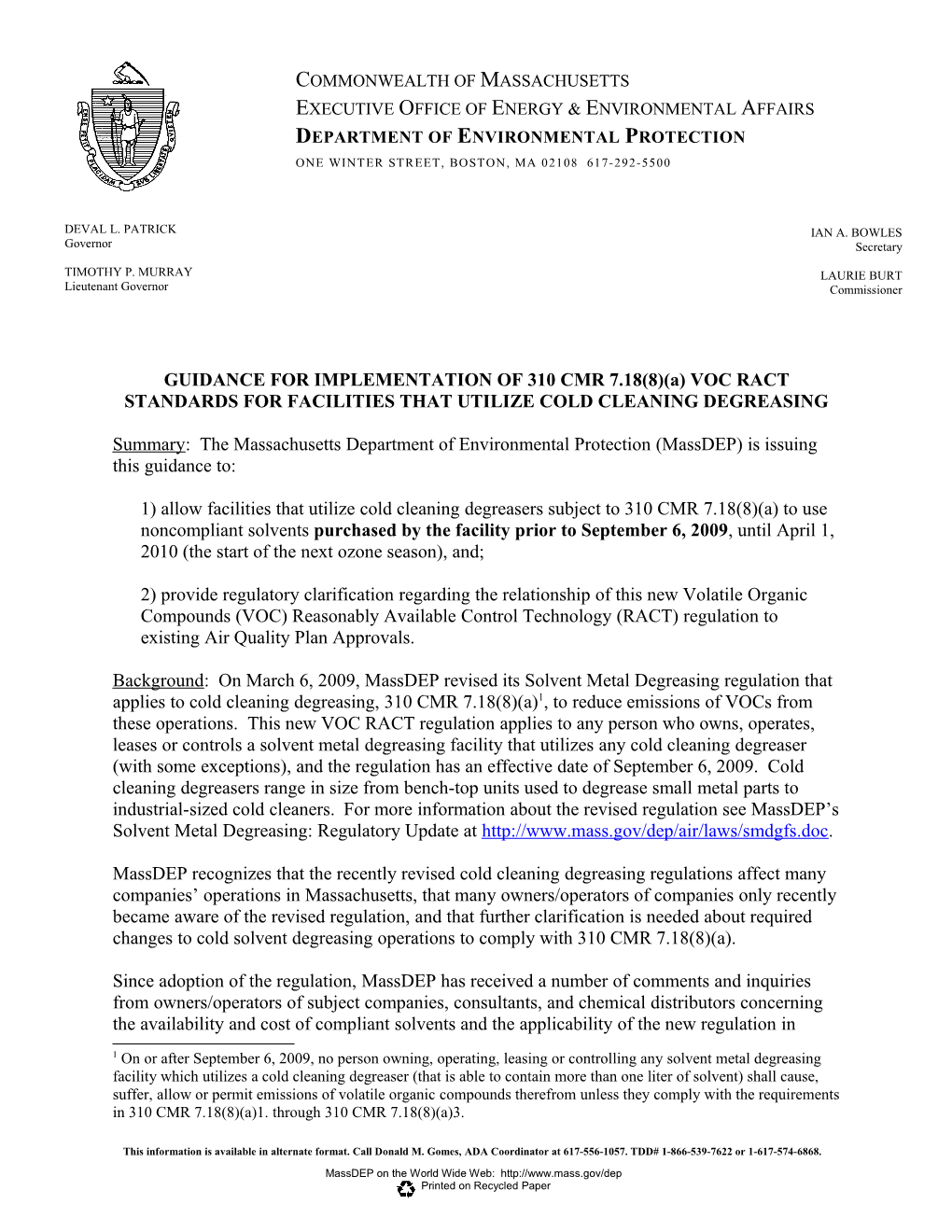 The Department Of Environmental Protection (Massdep) Has Received Several Requests On Whether The New VOC RACT Standard For Cold Solvent Degreasing Operations, 310 CMR 7
