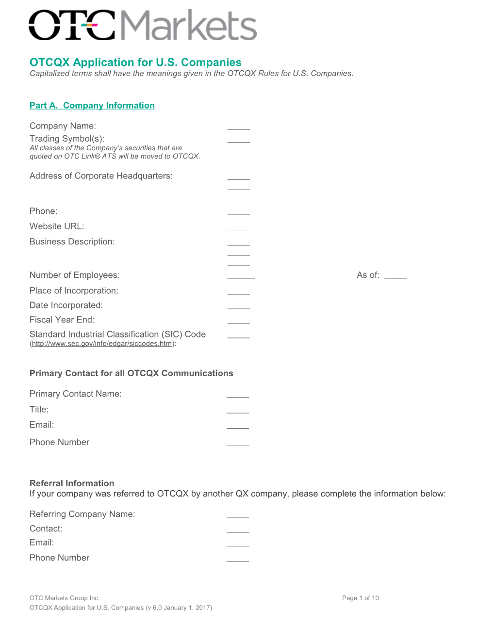 OTCQX Application for U.S. Companies