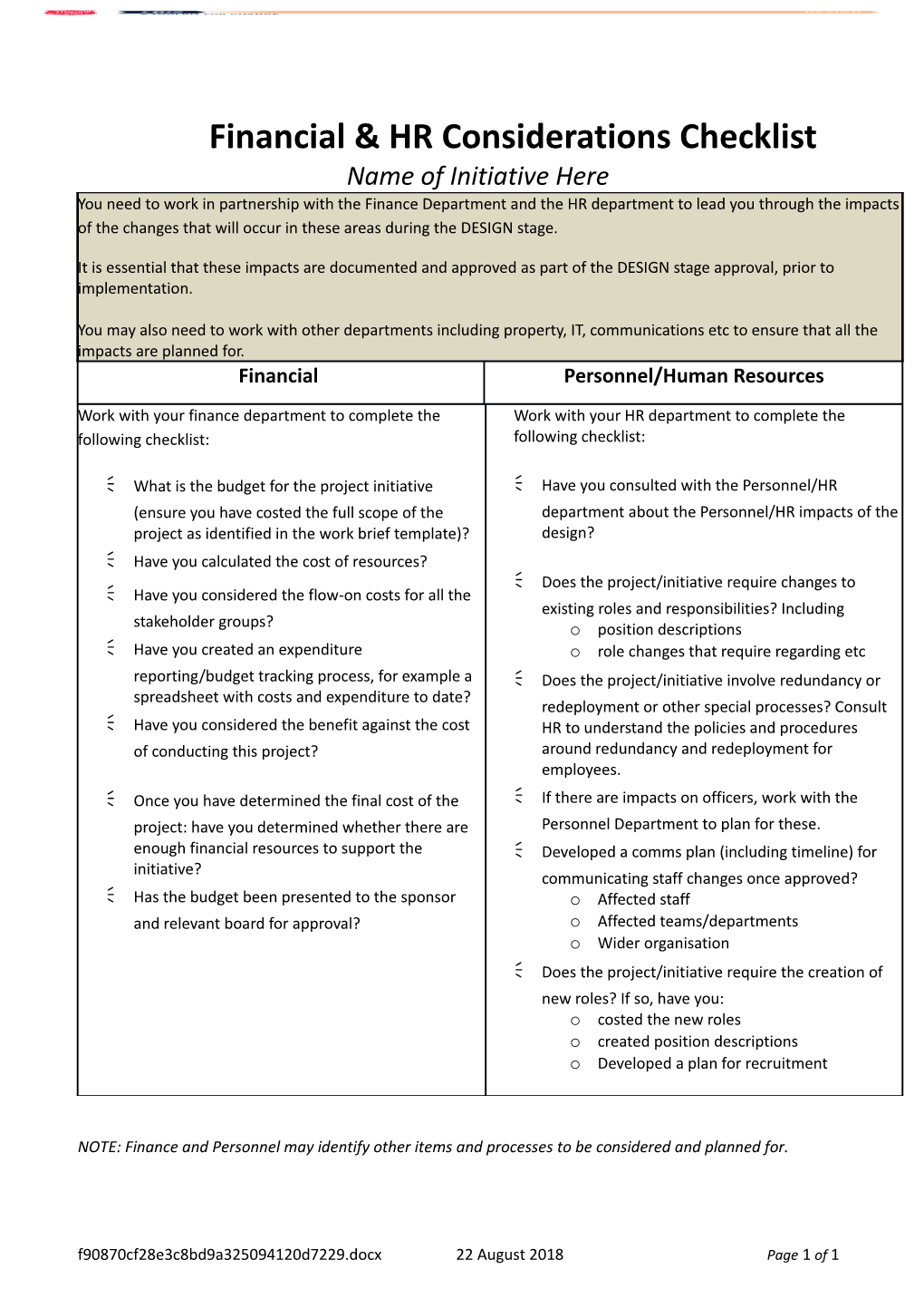 Financial & HR Considerations Checklist