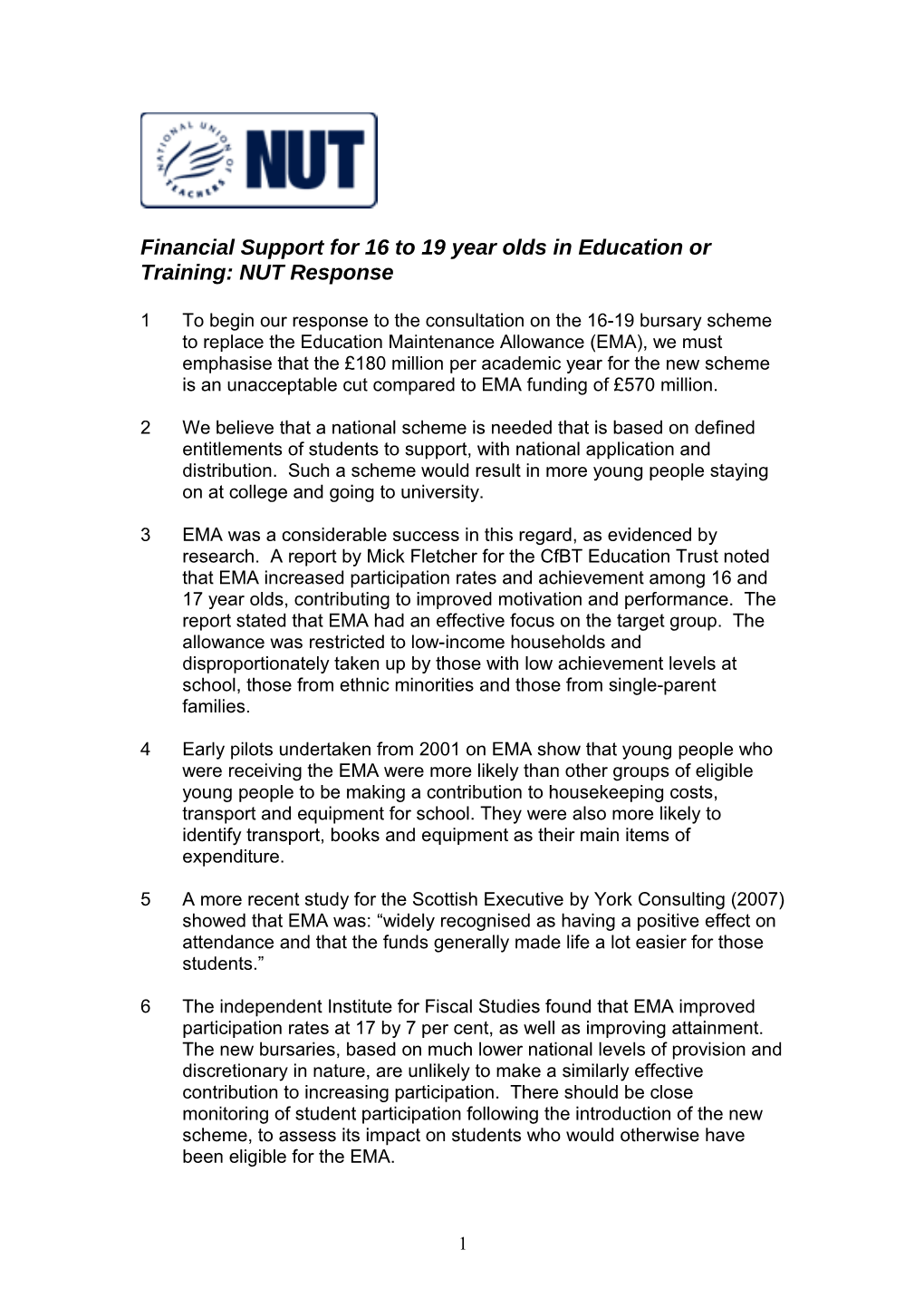 Financial Support for 16-19 Year Olds in Education Or Training: NUT Response