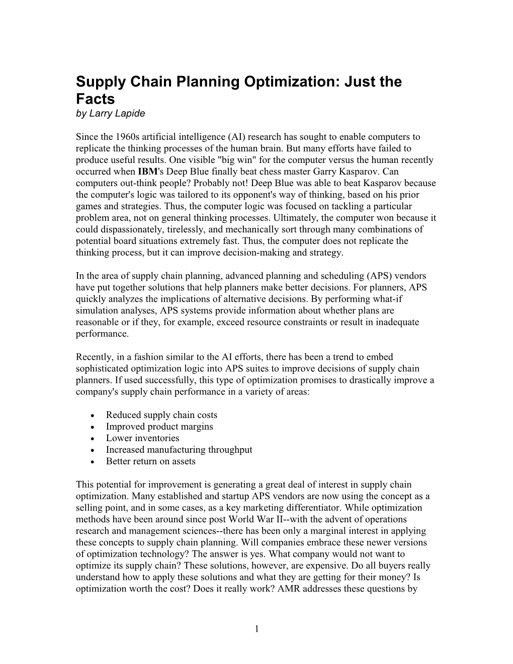 Supply Chain Planning Optimization: Just the Facts by Larry Lapide