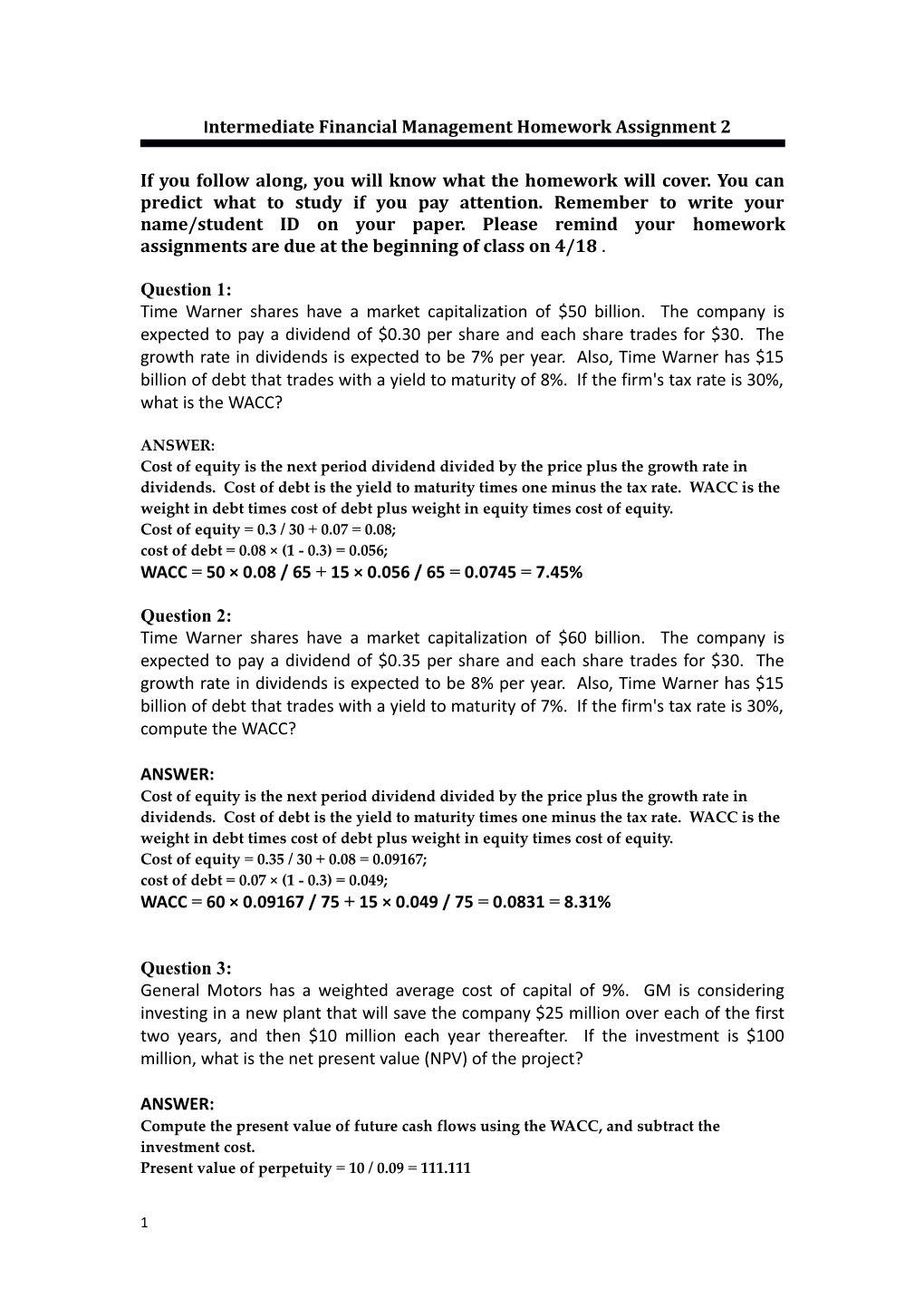 Intermediate Financial Management Homework Assignment 2