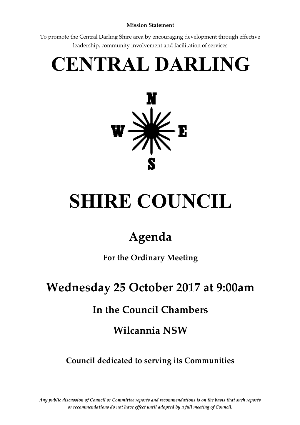 Central Darling Shire Council - Ordinary Meeting 25 October 2017