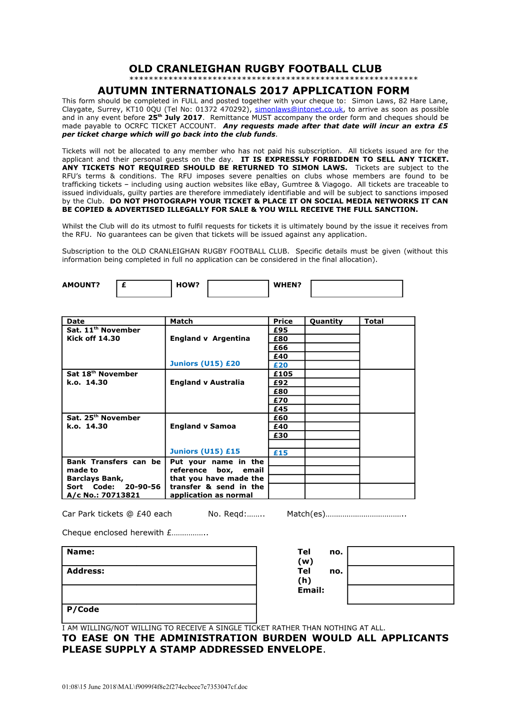 Autumn Internationals 2017 Application Form