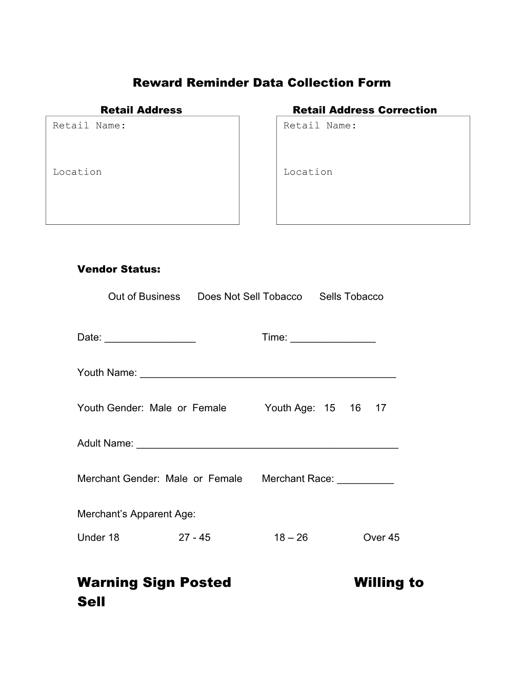 Reward Reminder Data Collection Form