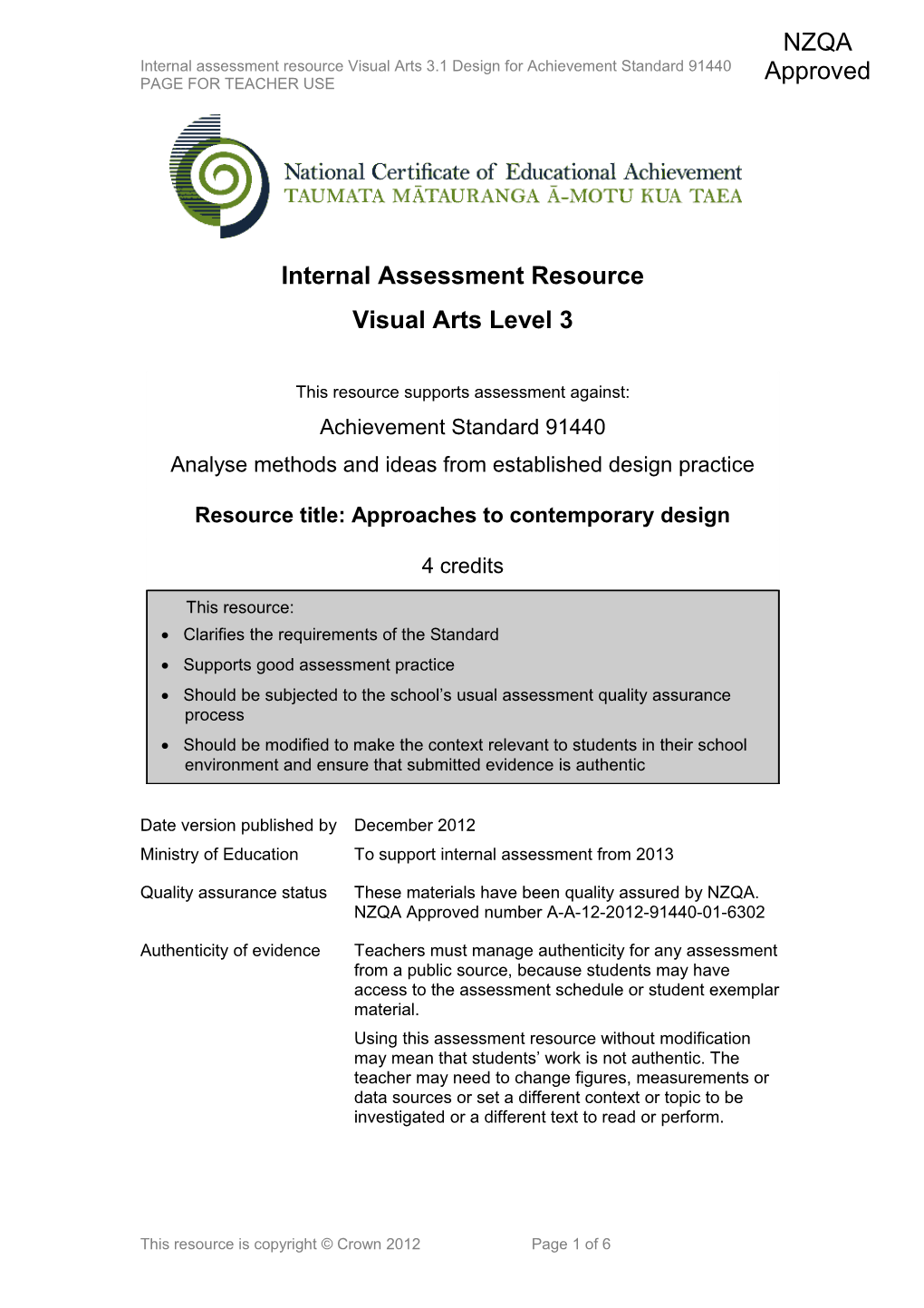 Level 3 Visual Arts Design Internal Assessment Resource