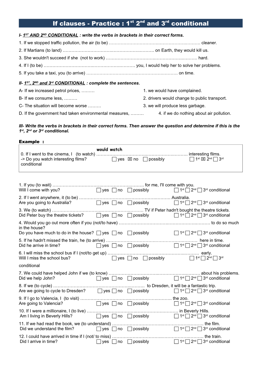 If Clauses - Practice : 1St 2Nd and 3Rd Conditional