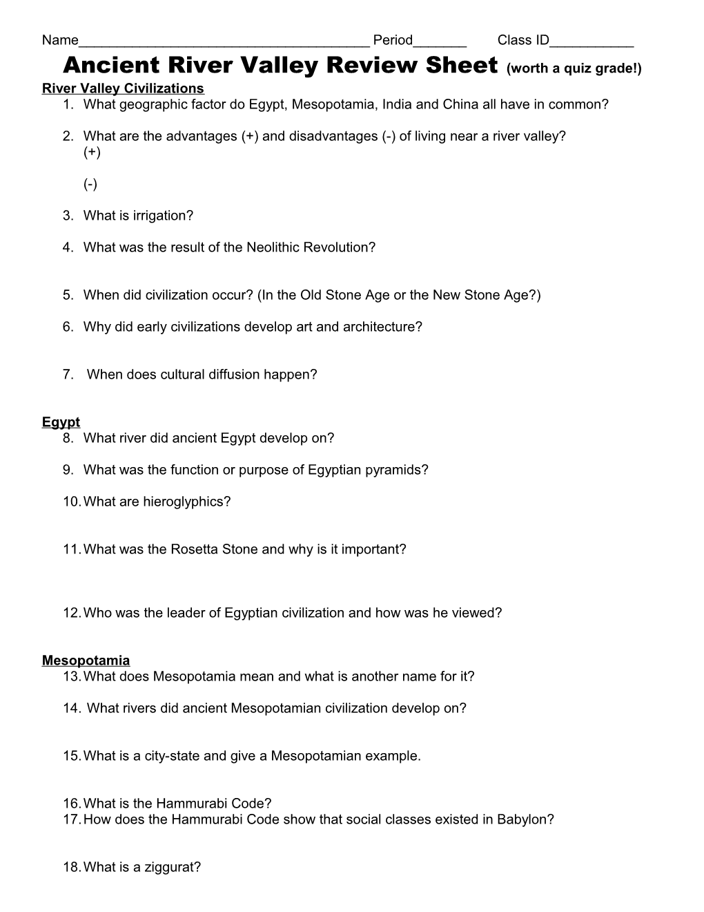 Ancient River Valley Review Sheet (Worth a Quiz Grade!) s1