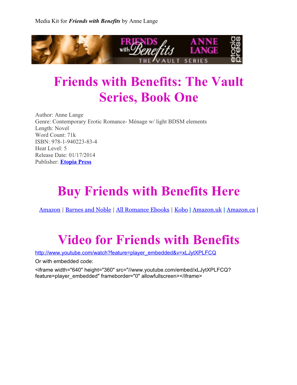 Media Kit for Friends with Benefits by Anne Lange
