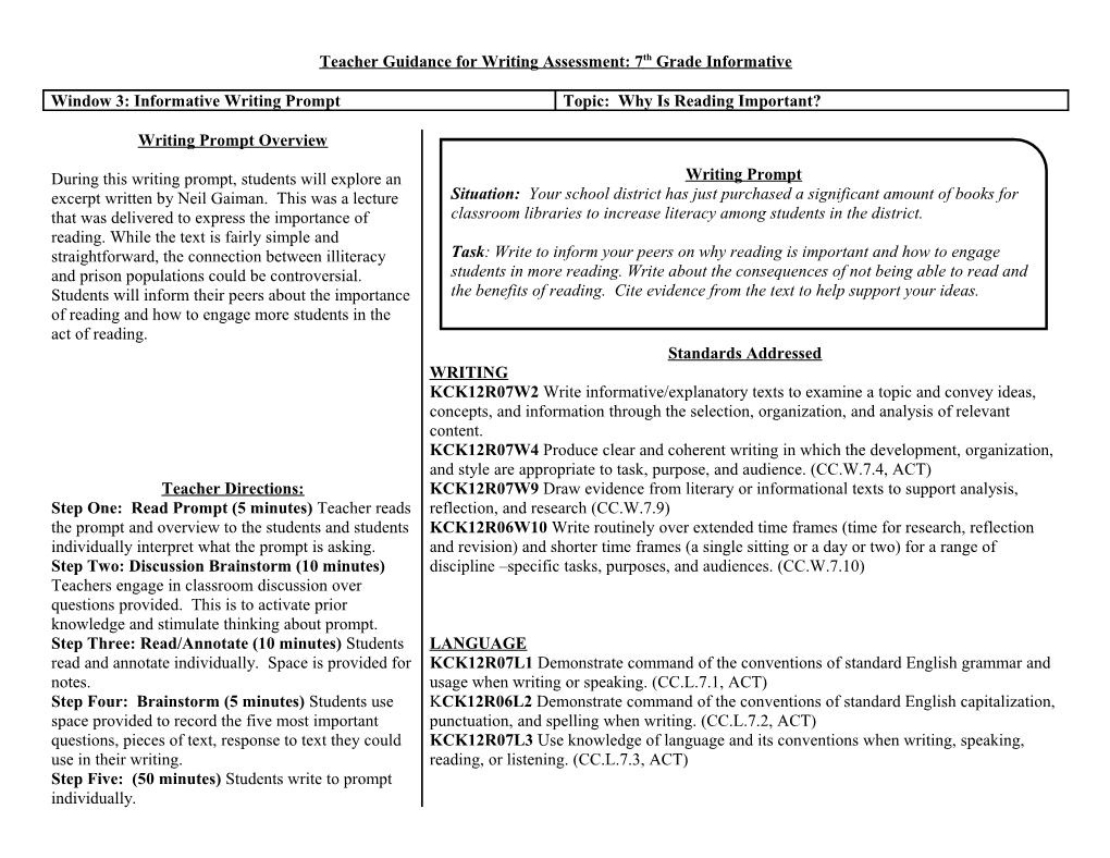 Teacher Guidance for Writing Assessment: 7Th Grade Informative