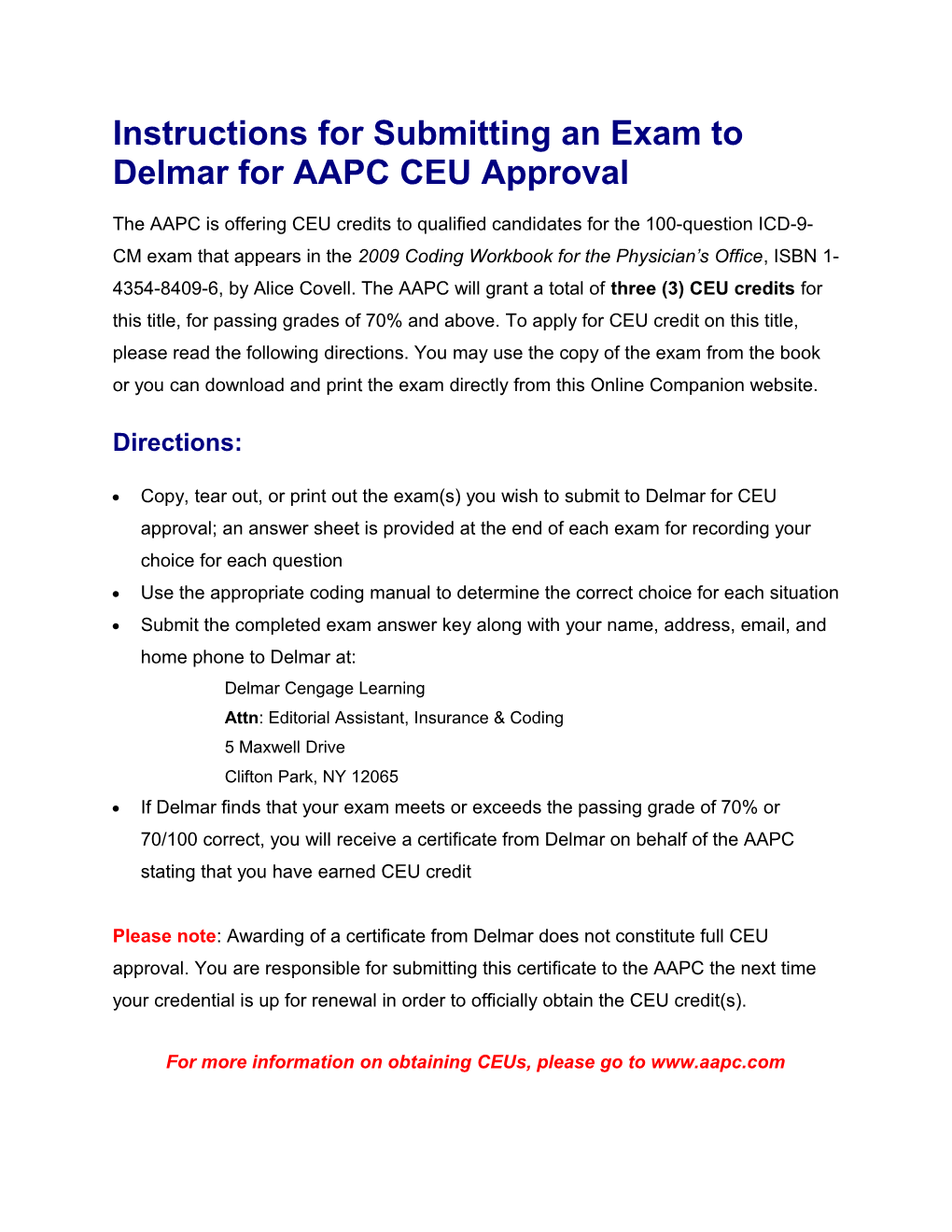 Instructions for Submitting an Exam to Delmar for AAPC CEU Approval