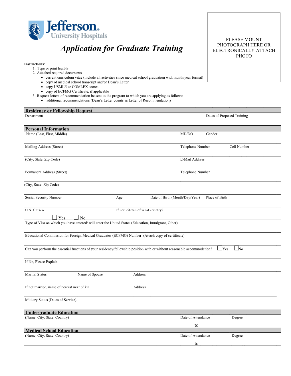 Application for Rotation at Thomas Jefferson University Hospital by Residents/Fellows From