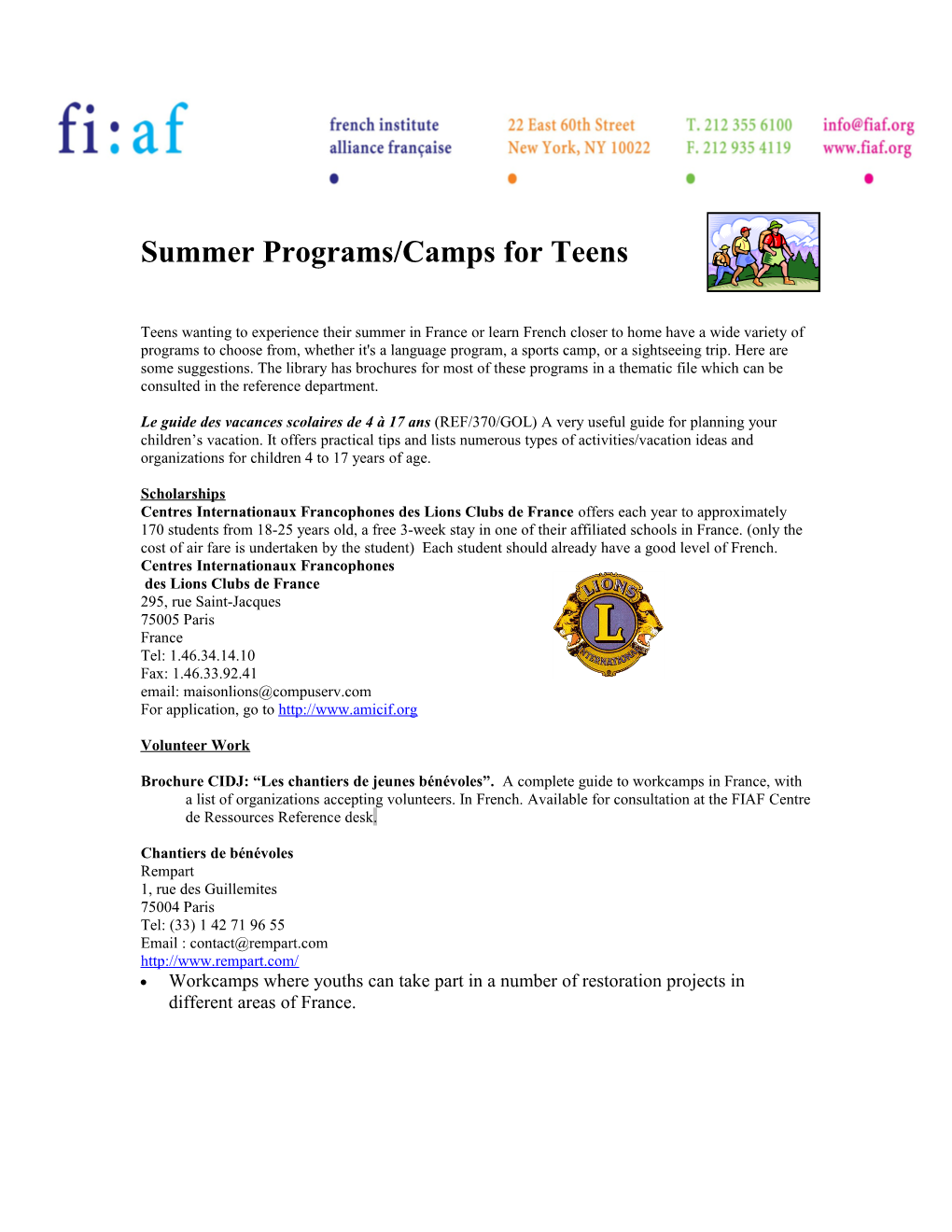 Summer Programs/Camps for Teens