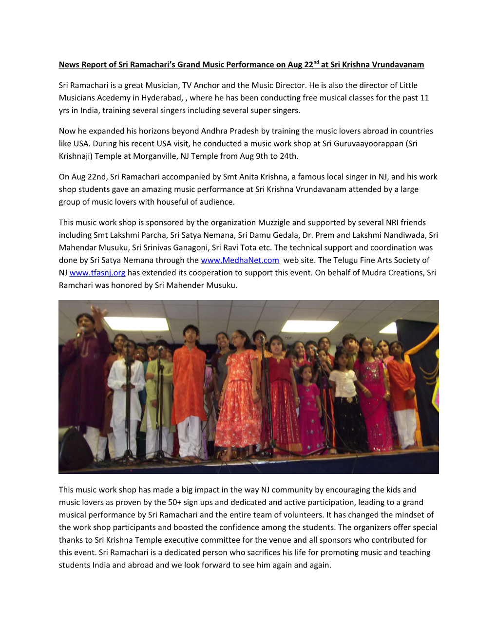 News Report of Sri Ramachari S Grand Music Performance on Aug 22Nd at Sri Krishna Vrundavanam