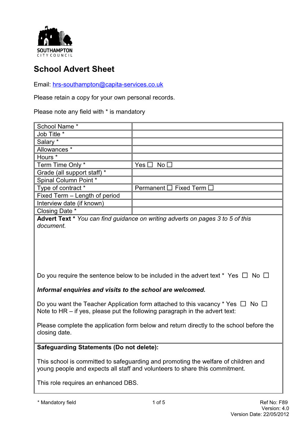 School Advert Sheet