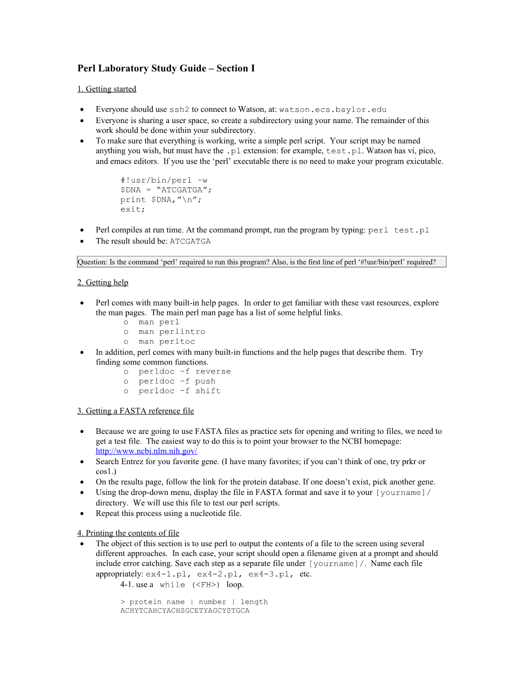 Perl Laboratory Study Guide Section I