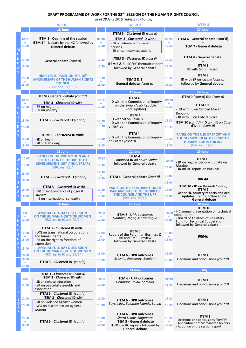 Programme of Work for the 32Nd Session of the Human Rights Council in English