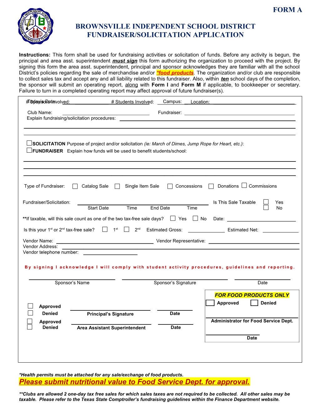 Instructions: This Form Shall Be Used for Fundraising Activities Or Solicitation of Funds