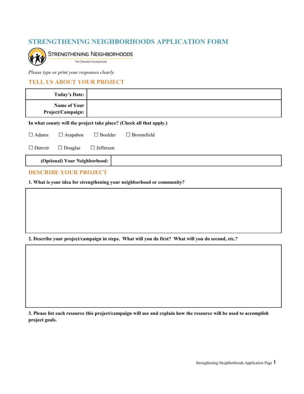 Strengthening Neighborhoods Application Form