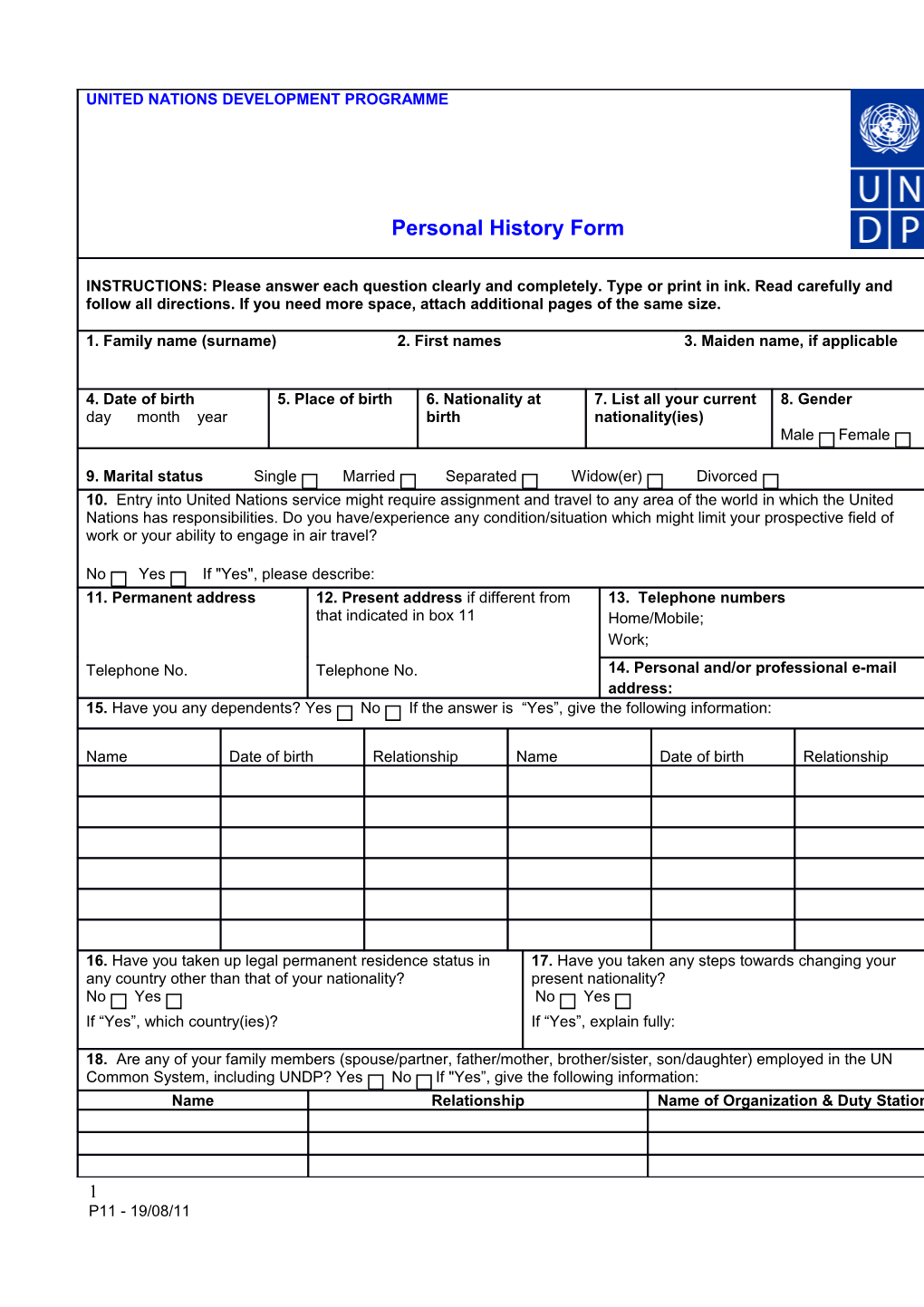 UNITED NATIONS DEVELOPMENT PROGRAMME Personal History Form