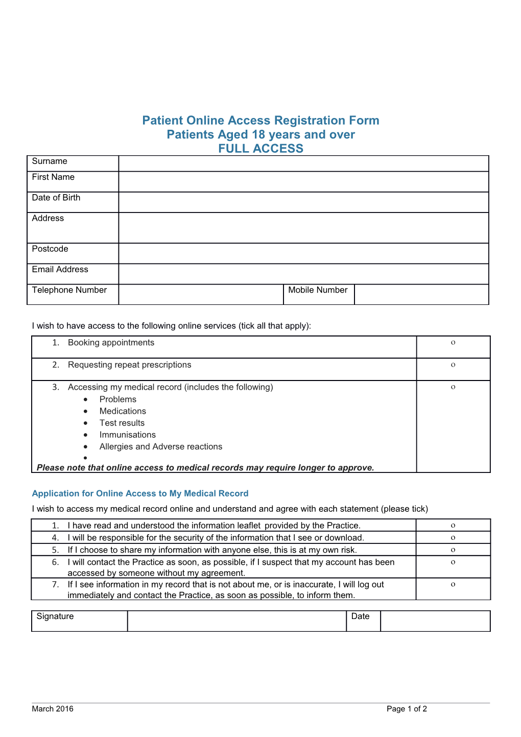 Patient Online Access Registration Form