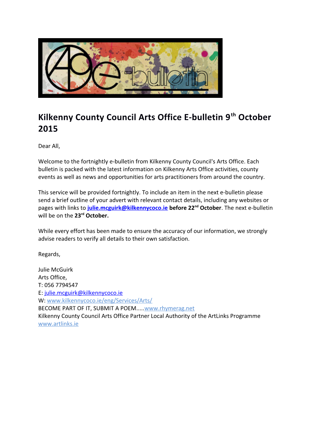 Kilkenny County Council Arts Office E-Bulletin 9Th October 2015