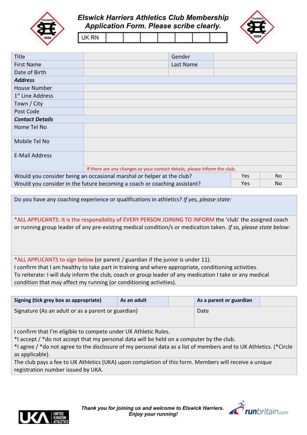 Elswick Harriers Athletics Club Membership