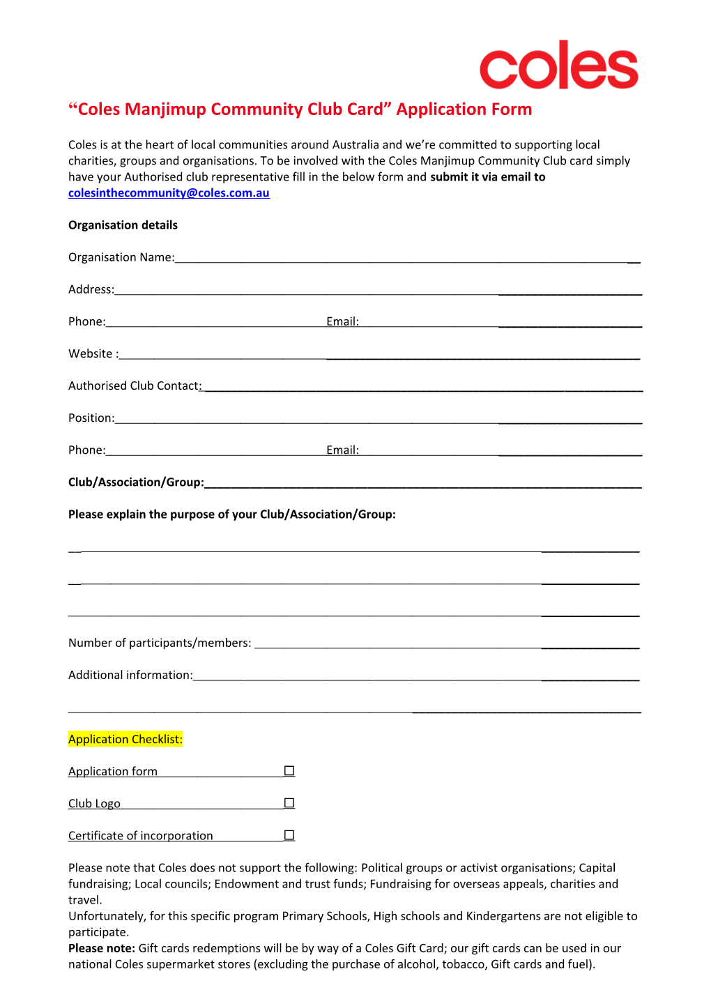 Coles Manjimup Community Club Card Application Form