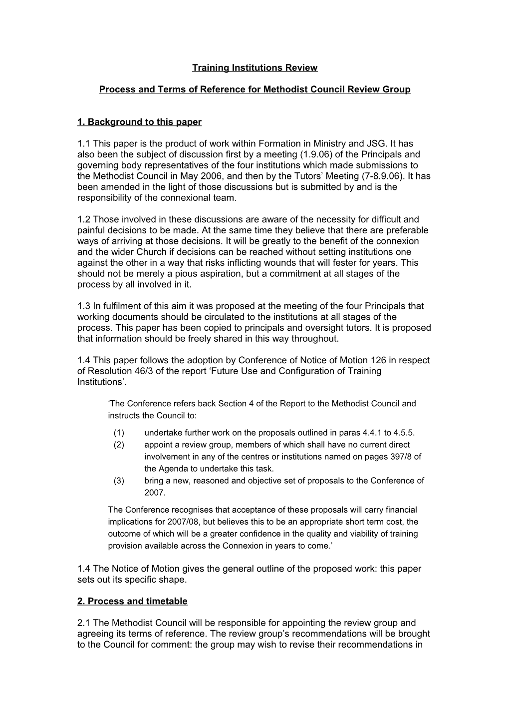 Draft Terms of Reference for Methodist Council Review Group