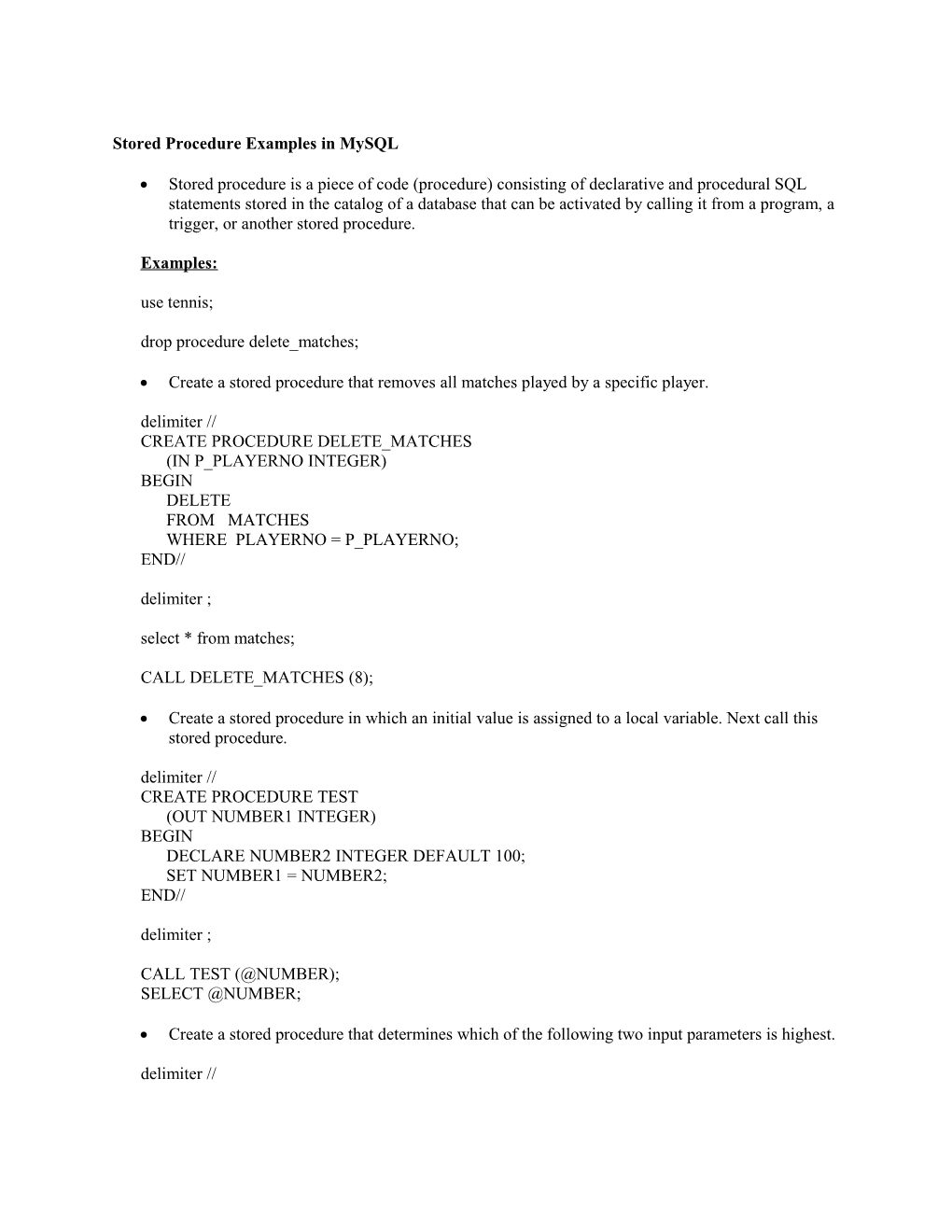 Stored Procedure Examples in Mysql