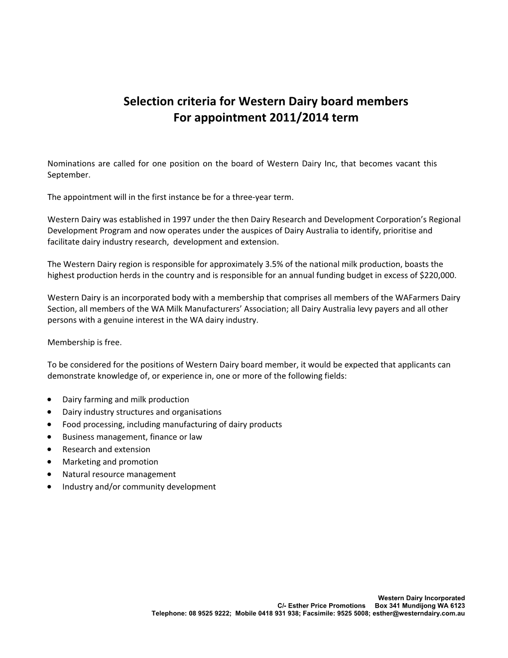 Selection Criteria for Western Dairy Board Members